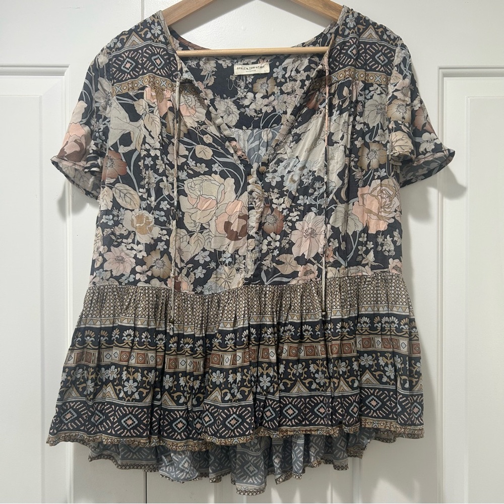 Spell Floral Peplum Tunic in Navy, Blush & Cream